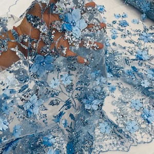 Baby Blue 3D Flower Sequin Fabric, Glitter Floral Mesh, Wedding Dress