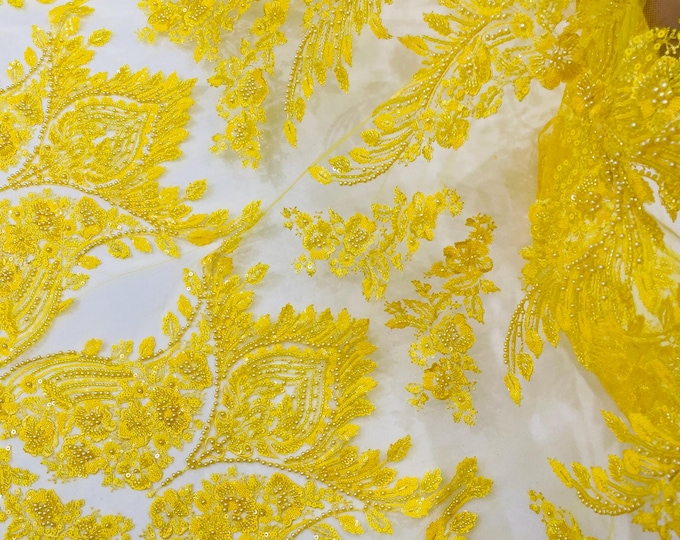 Yellow Beaded Fabric by the yard, Fashion Pattern With Beads and Sequin, bridals-weddings-prom