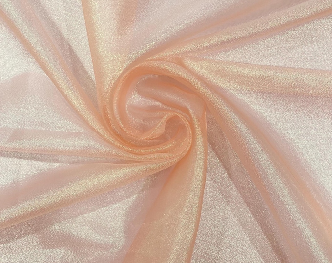 Blush Peach Iridescent Sparkle Organza Fabric, Stiff Holographic Shiny Wedding Bridal Dress Veil Fabric, Party Decor