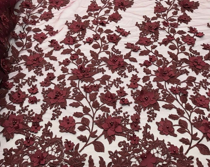 Burgundy 3D Floral Design Embroider and Beaded With Pearls On a Mesh Lace-Prom-Dresses-Nightgown-Apparel-Fashion By The Yard