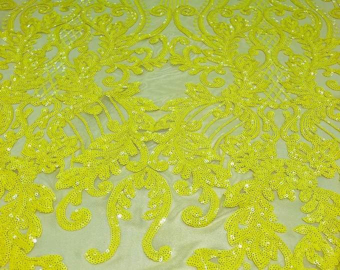 Yellow Sequins Lace Fabric On a Mesh Damask Design Embroidered On 4 way Stretch Sequin By The Yard -Prom-Gown ( Choose The Size )