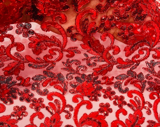 Red Metallic Corded Flower Lace Fabric by the yard: Embroider With Holographic Sequins Fabric