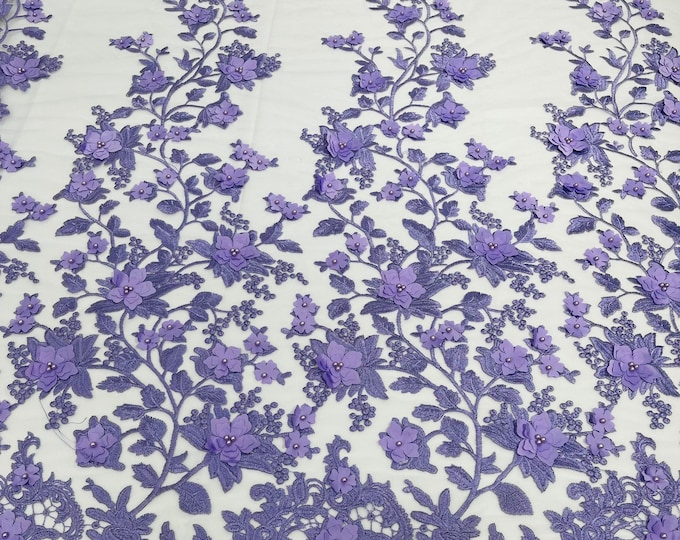 Lilac 3D Floral Design - by the yard - Embroider Flower With Pearls On a Mesh Lace-Prom-Dresses-Nightgown-Apparel