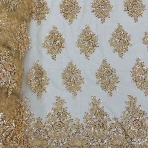 Champagne Beaded Floral Lace Fabric: Embroidered Sequin Mesh, Bridal Wedding Gown Fabric