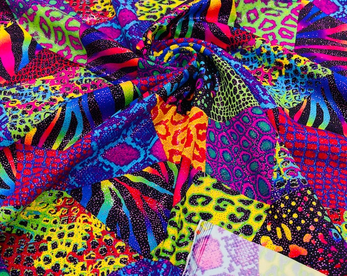 Multi Animal Foil Printed Nylon Spandex Fabric By The Yard | Metallic Multi Animal Design, Abstract Print Nylon Fabric 4Way Stretch 60”