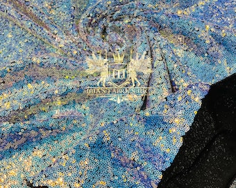 Aqua Iridescent Mini Sequin Fabric on Black Mesh, 4-Way Stretch