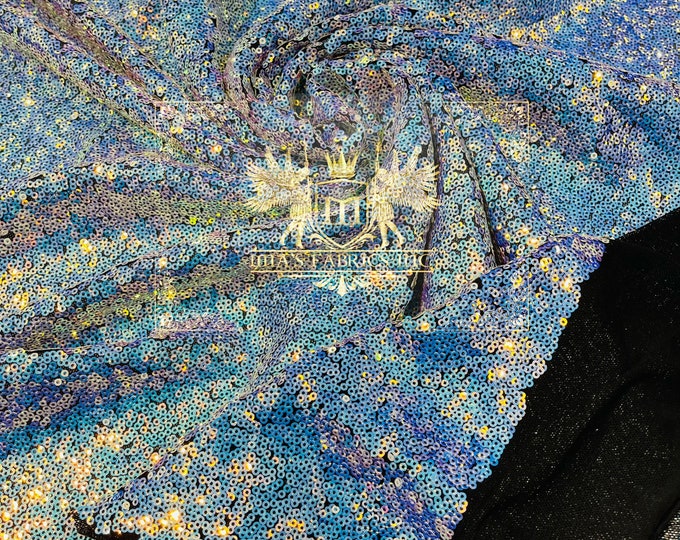 Aqua Blue Iridescent Mini Glitz Sequins on Black Mesh 4 Way Stretch Sequin Fabric Dresses-Nightgowns-Prom Gown (Choose The Size)