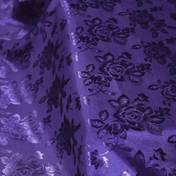 Purple Flower Brocade Jacquard Satin Fabric, Sold By The Yard Polyester Satin Floral Wide 58/60"  (Choose The Quantity)