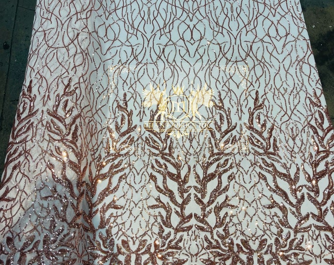 Rose Gold Sequins Fabric, DAMASK Design Embroidered On Mesh 4 way Stretch Sequin, Lace Fabric, Prom-Gown By The Yard ( Choose The Size )