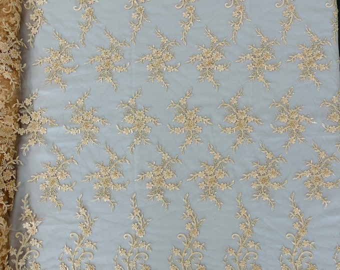 Blush Peach Beaded Sequins Fabric, Embroidery With Beaded Sequin on a Mesh, Floral Bridal Lace Fabric by the yard (Pick a size )