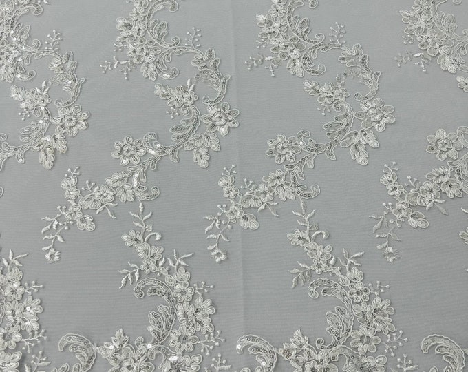 Ivory Floral Lace Fabric, by the yard - Embroidery With Sequins on a Mesh Lace Fabric For Gown, Wedding-Bridal