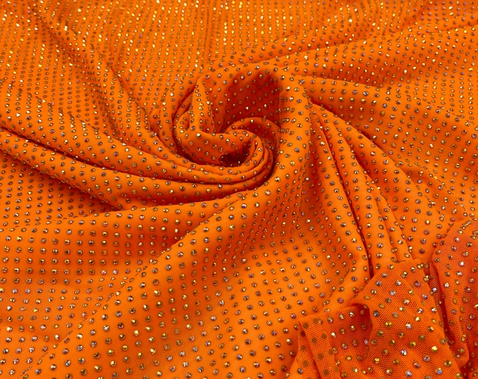 Iridescent Rhinestones Fabric On Orange Power Mesh Nylon Spandex With Crystal Stones, AB Rhinestones sold by the yard