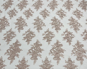 Blush Floral Lace Fabric: Embroidered Sequins Mesh, Bridal Gown Material