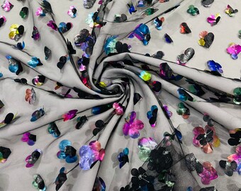 Rainbow 3D Flower Lace Fabric: Embroidered Black Tulle, Bridal Wedding Dress