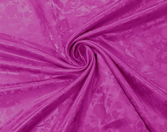 Fuchsia Flower Brocade Jacquard Satin Fabric, Sold By The Yard Polyester Satin Floral Wide 58/60"  (Choose The Quantity)