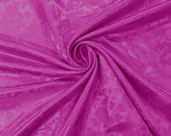 Fuchsia Flower Brocade Jacquard Satin Fabric, Sold By The Yard Polyester Satin Floral Wide 58/60"  (Choose The Quantity)