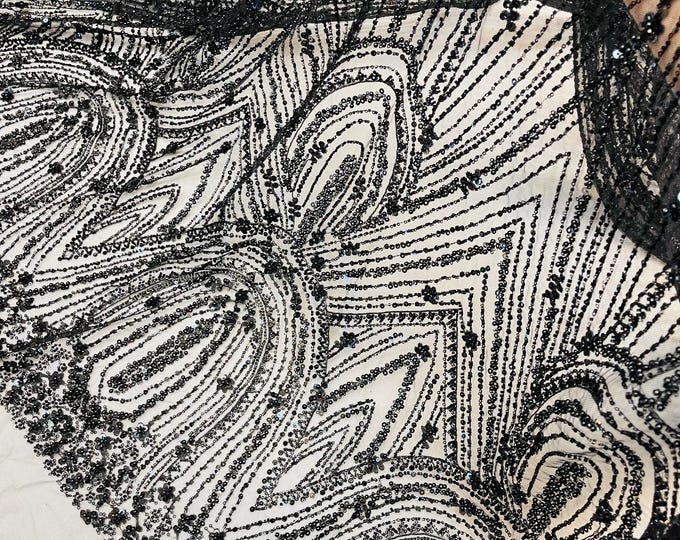 Black Beaded Fabric | Fashion Pattern With Beads and Sequin, Bridal Pearls Prom Dress