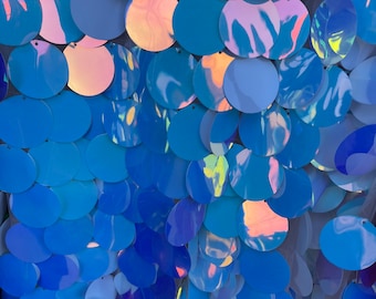 Aqua/White Iridescent Big Sequin Fabric,1.5” Paillette circle Sequin,Round Tear Drop Mermaid Sequins Fabric On 2Way Stretch (Pick a Size)