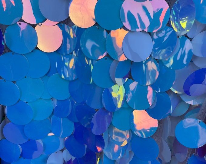 Aqua/White Iridescent Big Sequin Fabric,1.5” Paillette circle Sequin,Round Tear Drop Mermaid Sequins Fabric On 2Way Stretch (Pick a Size)