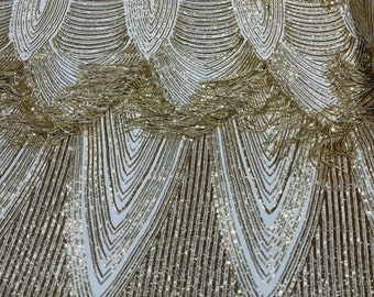 Gold Fringe Sequins on Power Mesh, Fringe Design Embroidered on 4 Way Stretch Fancy Sequin ( Choose The Size )