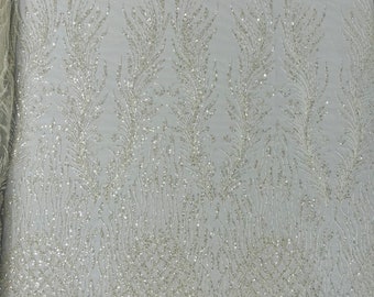 Ivory Beaded Lace Fabric: Heavy Bridal Damask with Sequins