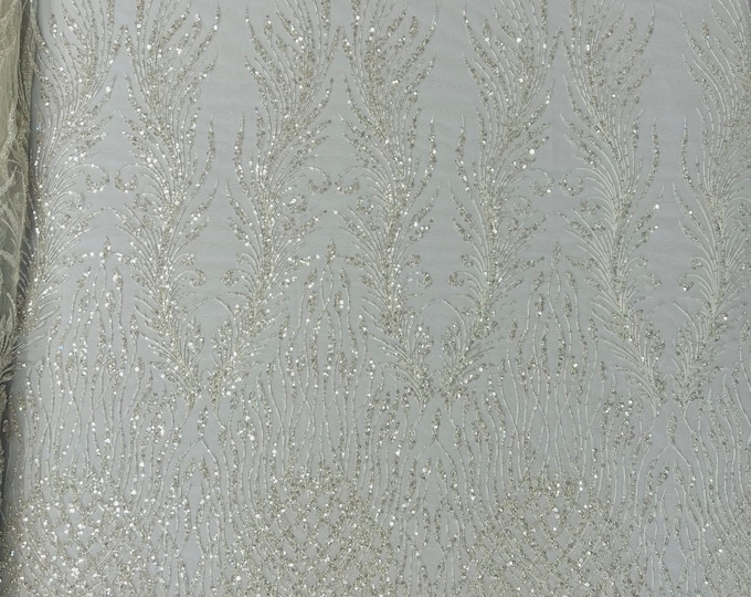 Ivory Beaded Fabric by the yard, Bridal Heavy beaded, Damask Pattern With Beads and Sequin, Appliqué lace for bridals,weddings,prom dress.