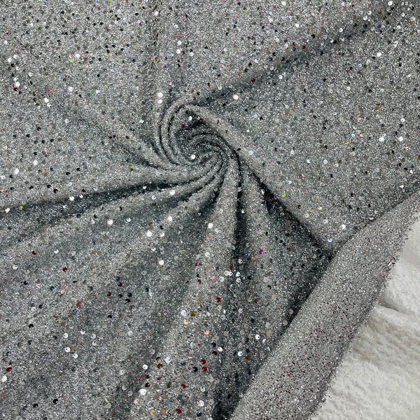 Silver Sequin With Metallic Foil Confetti on Single Spandex Fabric 2 Way Stretch by the yard all Over 5mm Sequins Fabric Prom-Gown-Dresses
