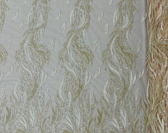 Embroidered Beaded Lace Fabric, Floral Bridal Mesh, Clear Sequins