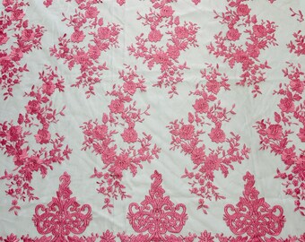 Bubble Gum Pink Damask Design Embroidered on Mesh Lace Fabric, Floral Bridal Lace Wedding Dress by the Yard (Pick a Size)