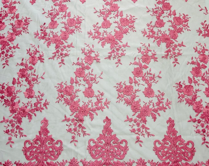 Bubble Gum Pink Damask Design Embroidered on Mesh Lace Fabric, Floral Bridal Lace Wedding Dress by the Yard (Pick a Size)