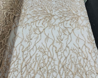 Blush Peach Beaded Lace Fabric – Floral Embroidered Mesh, Bridal Wedding Gown