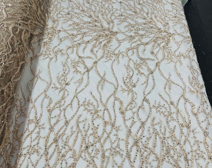 Blush Peach Bridal Wedding Lace Beaded Fabric - by the yard - Root Design Hand Embroidered With Beads and Sequins on a Mesh