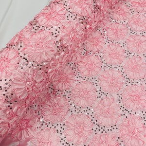 Alicia Baby Pink 3D Floral Polyester Satin Rosette With Sequins Fabric By The Yard, 3D Rosette Satin Fabric Wedding Decor.