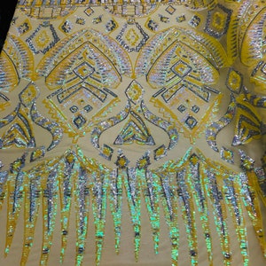 Iridescent Yellow Sequin Fabrics, Aztec Design 4Way Stretch Embroidery With Sequin on a Mesh-Prom-Gown By The Yard