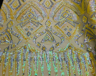Iridescent Yellow Sequin Fabric, Aztec Embroidery, 4-Way Stretch Mesh, Prom Gown Fabric