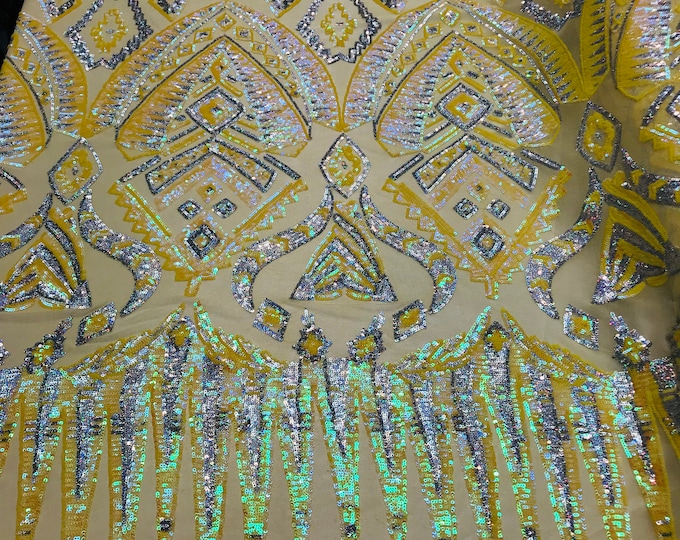 Iridescent Yellow Sequin Fabrics, Aztec Design 4Way Stretch Embroidery With Sequin on a Mesh-Prom-Gown By The Yard