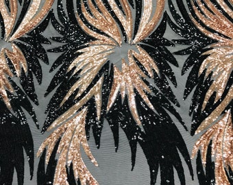 Angel Wings Sequin Fabric, Black & Rose Gold Embroidered Mesh, Sold By The Yard