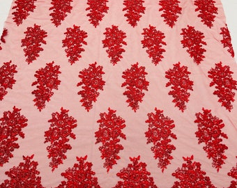 Red Floral Lace Fabric: Embroidered Sequins Mesh, Bridal Wedding