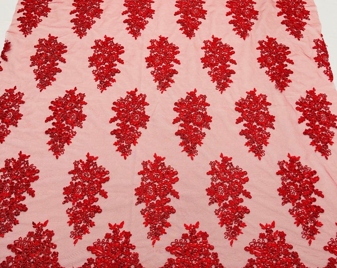 Red Floral Lace Fabric - by the yard - Embroidery With Sequins on a Mesh Lace Fabric For Wedding-Bridal