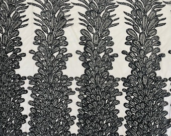Black Beaded Peacock Feather Fabric, Embroidered Sequin Mesh Lace