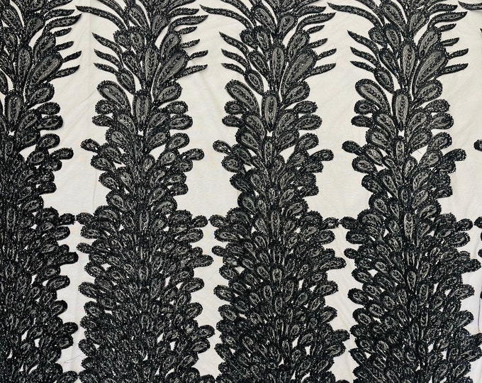 Black Beaded Peacock Feathers 3D Vegas Design with Embroidered Sequins and Beads On Mesh Lace Fabric for Prom Dress (Choose The Panels)
