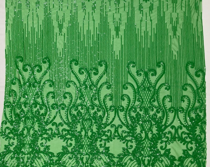 Green Sequins Fabric - 4 Way Stretch Fancy Damask Design Sequins on Spandex Mesh Prom Gala Gown Fabric By The Yard