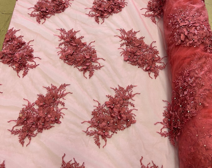 Coral 3D Floral Fabric, 3D Flower by the yard - Embroider With Rhinestones and Beaded On a Mesh Lace