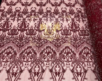 Burgundy Damask Beaded Fabric: Embroidered Glam Bridal Wedding Lace