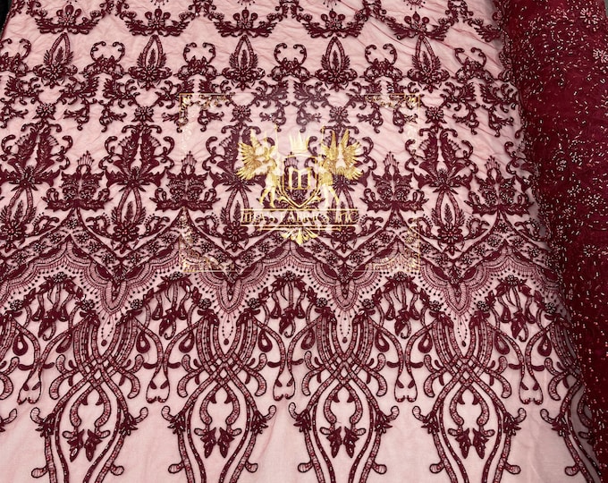 Burgundy Design Glam Damask Beaded Fabric, Embroidered Fashion Fabric with Beads Wedding Bridal Sold By Yard