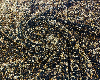 Gold Sequin Black Stretch Velvet Fabric: 5mm Sequins, 2-Way Stretch (58/60")