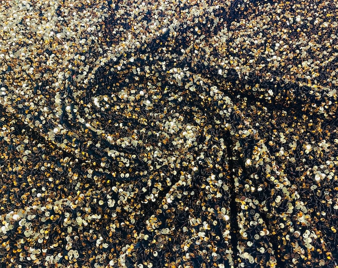 Gold Sequin on Black Stretch Velvet With Sequins all Over 5mm Sequins 2-way Stretch 58/60” (Choose The Quantity)