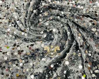 Silver Sequin Grey Stretch Velvet Fabric: 5mm Luxury Sequins, 58/60" Wide