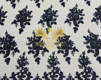 Navy Beaded Sequin Fabric | Floral Embroidery Lace