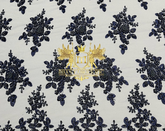Navy Beaded Sequins Fabric | Embroidery With Beaded Sequin on a Mesh | Navy Beaded Floral | Flowers Bridal Lace Fabric by the yard